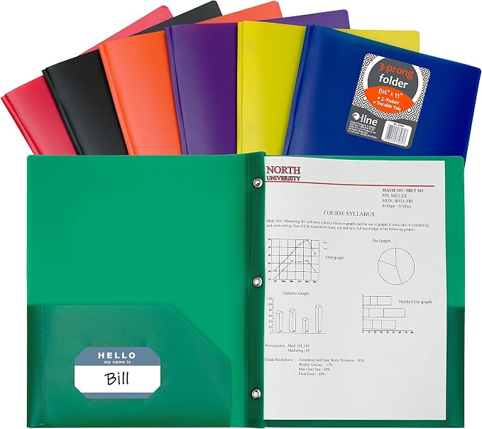 C-Line Two-Pocket Heavyweight Poly Portfolio with Prongs, For Letter Size Papers, Includes Business Card Slot, 1 Display Case of 36 Portfolios, Assorted Colors (33960-36) by C-Line