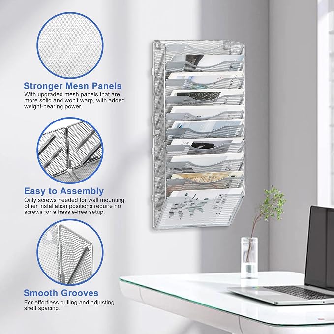 EasyPAG Wall File Organizer for Office 10 Pocket Mesh Wall Mounted Paper Organizer Hanging Folder Holder with Nametag Label for Home School, Silver - Image 3