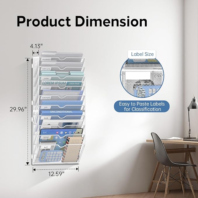 10-Tier Wall File Organizer and Hanging File Organizer, White | Wall Organizer and Wall Mounted File Holder with 14 Pockets and Label Panels for Files, Mail, Folders, Magazines and Paper - Image 2