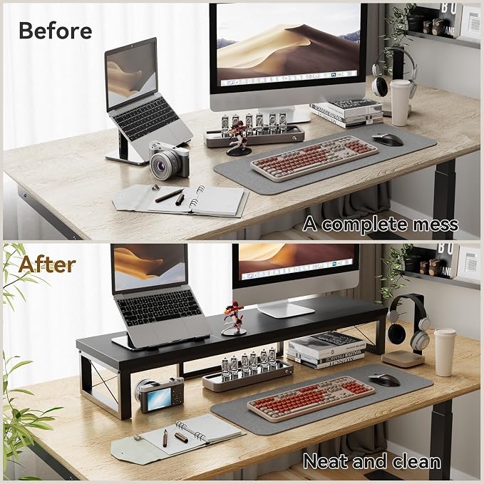 IBUYKE Large Dual Monitor Stand Riser for 2 Monitors, Wooden Desktop Computer Monitor Stand Storage Shelf and Steel Legs,Dual Screen Office Desk,Monitor Riser for Computer, Printer,Laptop,TV,Black UTDJ002B - Image 7