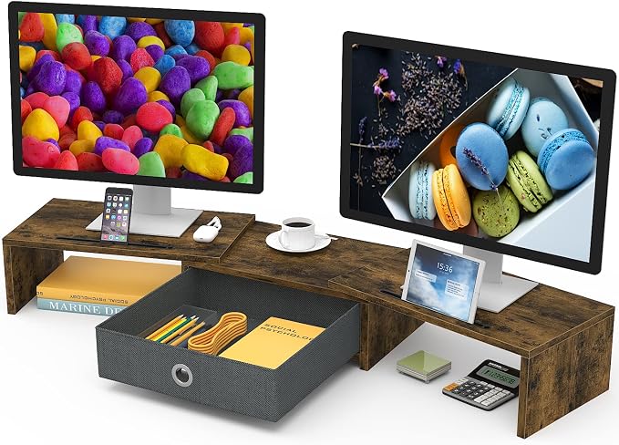 WESTREE Dual Monitor Stand Riser with Drawer, 3 Shelf Computer Monitor Riser with Adjustable Length and Angle, Desktop Monitor Stand Riser Storage Organizer for 2 Monitors by WESTREE