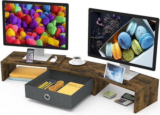WESTREE Dual Monitor Stand Riser with Drawer, 3 Shelf Computer Monitor Riser with Adjustable Length and Angle, Desktop Monitor Stand Riser Storage Organizer for 2 Monitors by WESTREE