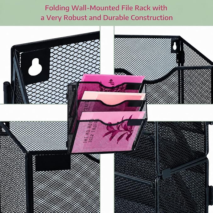 3 Pockets Mesh Wall File Holder Organizer Office Hanging File Folder Magazine Rack, Nametag Label Hooks Set Included (Black) - Image 3