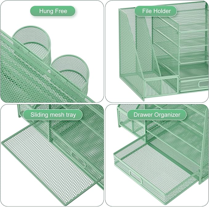 Marbrasse Desk Organizer with File Holder, 5-Tier Paper Letter Tray Organizer with Drawer and 2 Pen Holder, Mesh Desktop Organizer and Storage with Magazine Holder for Office Supplies (Green) - Image 4