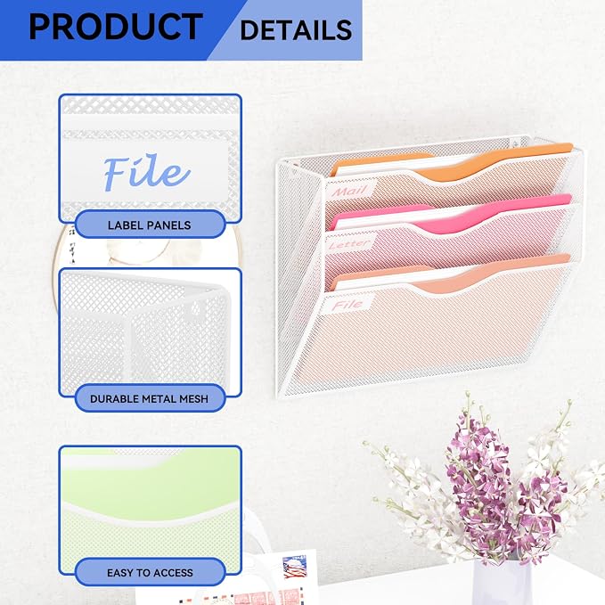 3 Pockets Hanging Wall File Organizer Mail Holder, Wall Mounted Paper Document Folder Holder, Clipboard Storage Organization Magazine Rack, White - Image 4