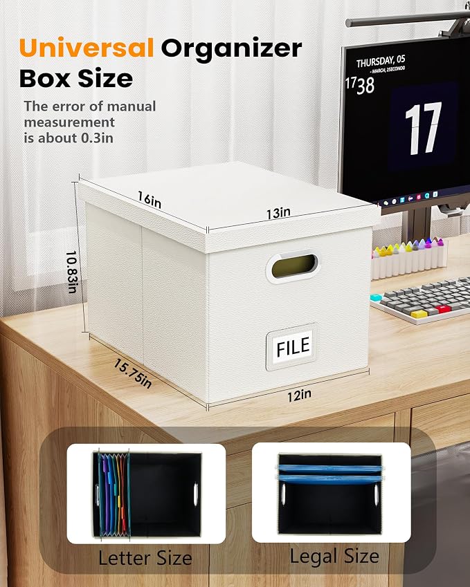 File Organizer Box with Lid, Portable Hanging File Box for Letter/Legal Files, Office/Decor/Home, 1 Pack, White Leather - Image 3