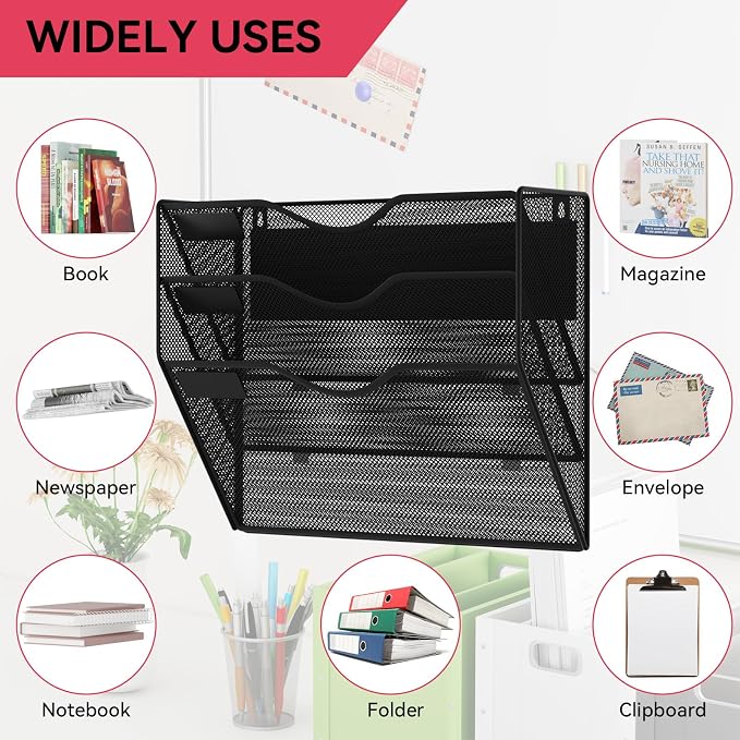 3-Tier Magnetic File Holder, No Drilling Wall File Organizer, File Folder Bins, Mail & Magazine Rack, Magnetic Paper Document Holder for Refrigerator File Cabinets Whiteboard, Black - Image 6