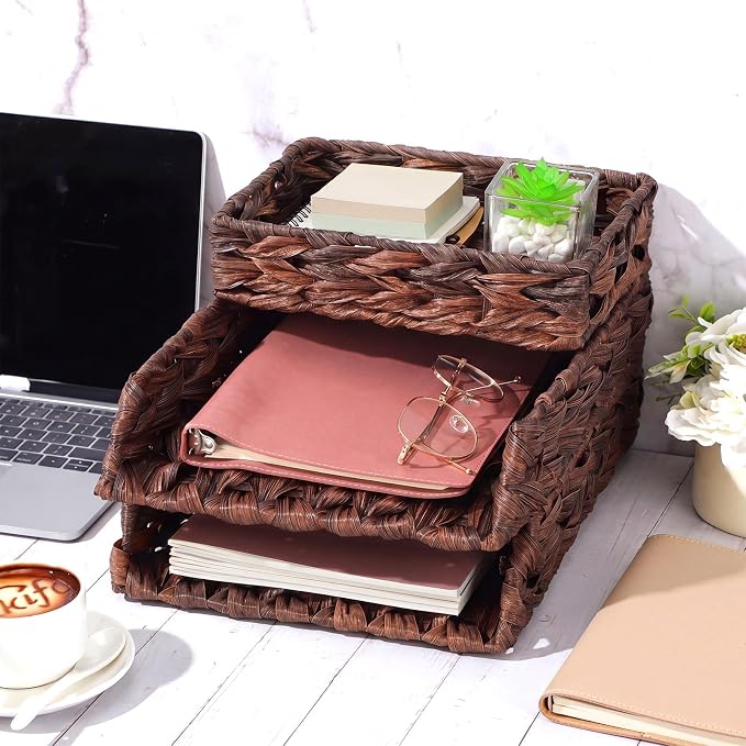 3 Pack Water Hyacinth Woven Stackable Desk Organizer Letter Tray, Brown Tabletop Desk Basket for Storage Paper Letter Folders Notebooks Copy Print, Workspace Holder - Image 5