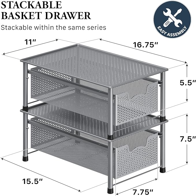 Simple Houseware Stackable Cabinet Basket Drawer Organizer, Silver - Image 2