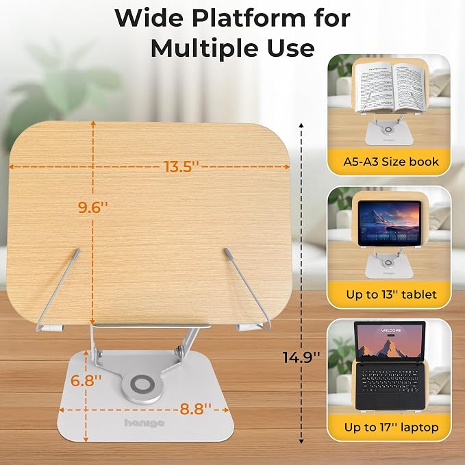 Book Stand for Reading - Adjustable Book Holder with 360° Rotating Base, Ergonomic Design for Extended Reading, Foldable and Portable, Necessity for Textbook, Bible, Cookbook, Music Scores, Tablet - Image 2