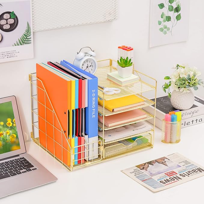 Marbrasse Desk Organizer with File Holder, 5-Tier Paper Letter Tray Organizer with Drawer and 2 Pen Holder, Mesh Desktop Organizer and Storage with Magazine Holder for Office Supplies (Gold 2p) - Image 3