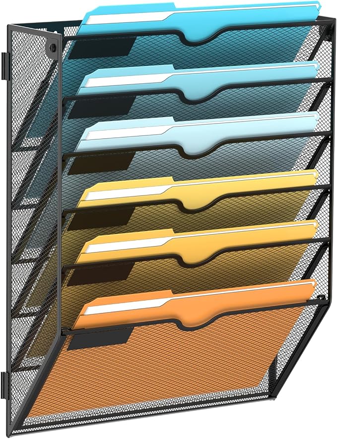 6 Tier Wall File Organizer, Hanging Wall Mounted Mail Organizer with Label Slots, Metal Mesh File Holder Magazine Rack for Office, Home, School or Classroom, Black by SUPEASY