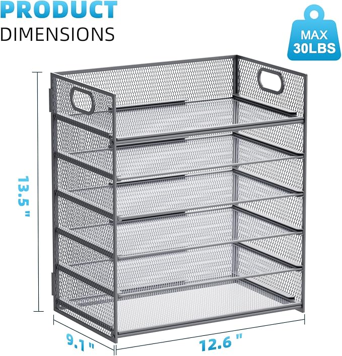 Marbrasse 6 Tier Paper Organizer Letter Tray - Mesh Desk File Organizer with Handle, Paper Sorter for Letter/A4 Office File Folder Holder - Grey - Image 3