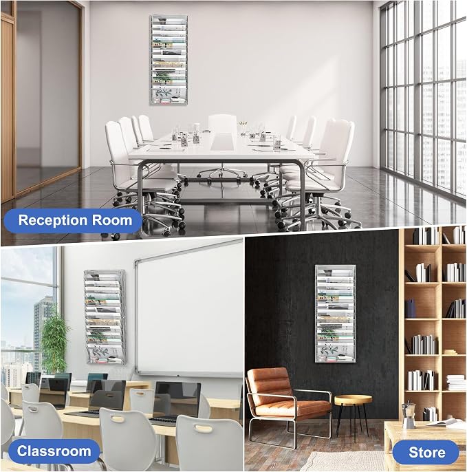 EasyPAG Wall File Holder 14 Tier Mesh Hanging Folder Organizer with Flat Tray Wall Mounted Mail Organizer Magazine Paper Desk Shelf with Nametag Label for Office Home School, Silver - Image 6