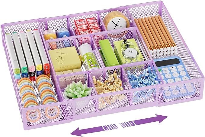 Marbrasse Expandable Desk Drawer Organizer, Mesh Drawer Organizer Tray with 10 Adjustable Compartments, Desk Organizers and Accessories for Office Supplies, Makeup & Vanity (Expandable-Purple) by Marbrasse