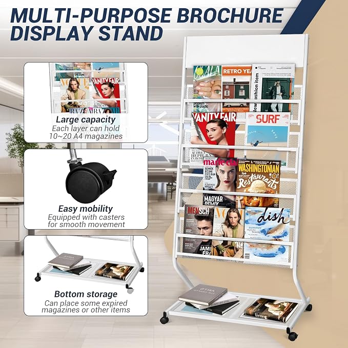 4-Tier Rolling Magazine Rack, Floor Standing Brochure & Literature Display Stand, 23.4" Wide, White - Image 4