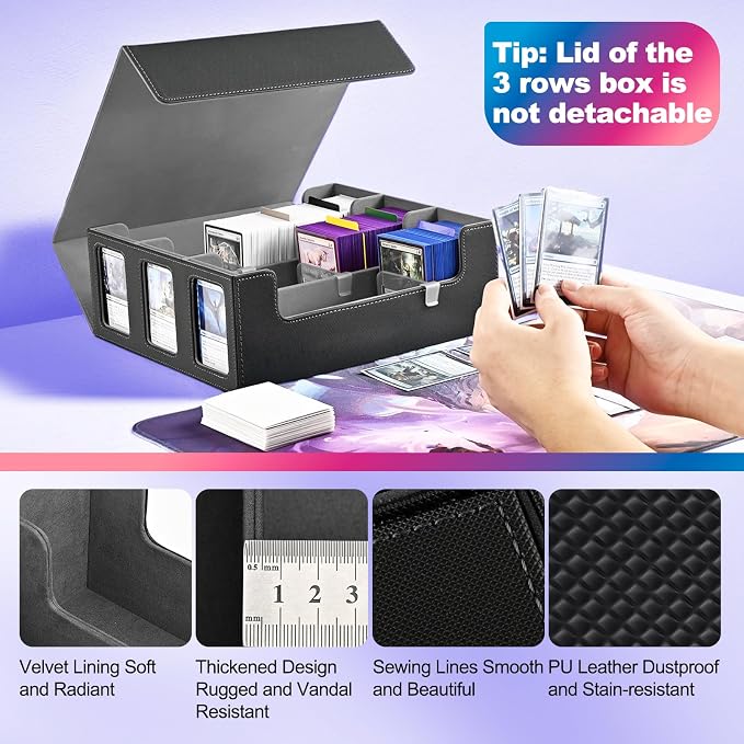 UAONO 3-Row Trading Card Storage Box with Commander Display, Black Grey | 1800+ Commander Deck Box for MTG, Bulk Card Case Fits Magic TCG PTCG Sports Cards, 10 Dividers & 3 Stoppers - Image 5