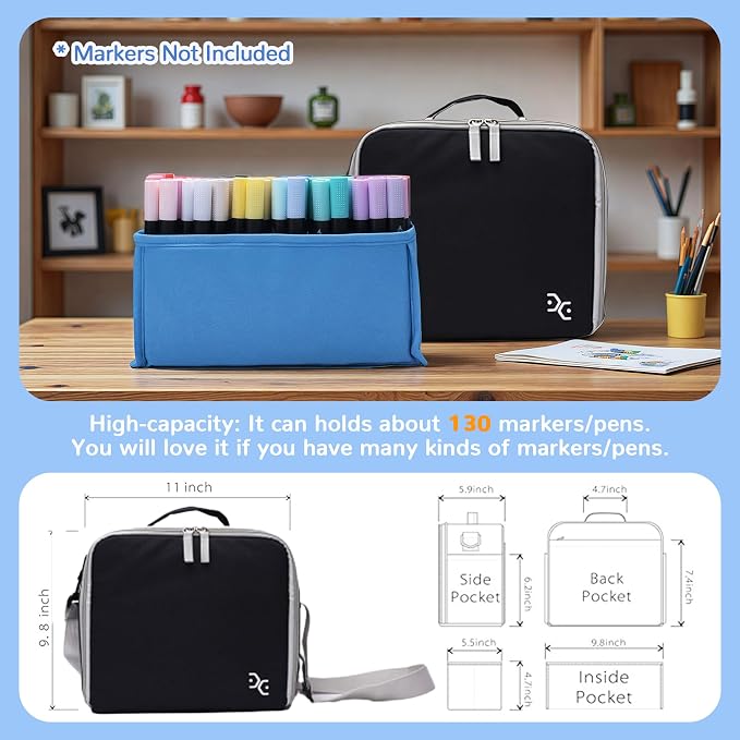 Togood Marker Organizer Bag - Large Storage Crossbody Tote for Marker Pens 130PCS+, Portable Art Supplies Case for Pens, Pencils, Books. Black - Image 2