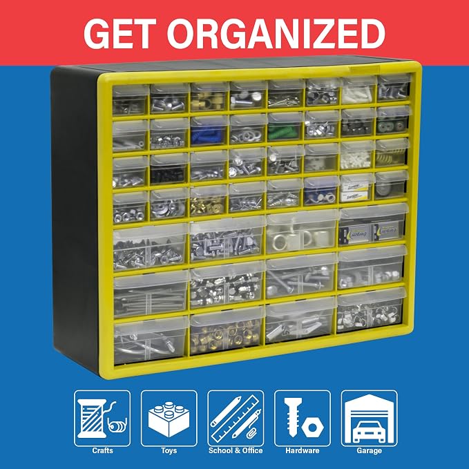 Akro-Mils 44-Drawer Plastic Storage Cabinet, 20"W x 6"D x 16"H, Yellow | Plastic Cabinet w/ Drawers for Garage Organization, Beads, Building Bricks Storage, Teacher Toolbox, Makeup Organizer, 10144 - Image 3
