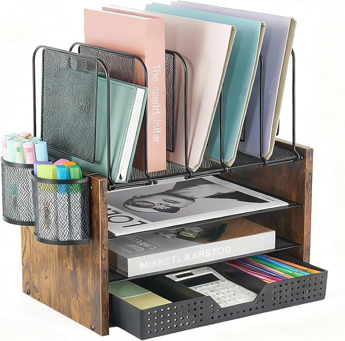 AUPSEN Desk Organizer with 5 Vertical File Holders, Storage Drawer & 2 Pen Holders, 5 Trays Paper Letter Tray Organizer, Mesh Desk Organizers and Accessories for Home Office (Vintage wood) by AUPSEN