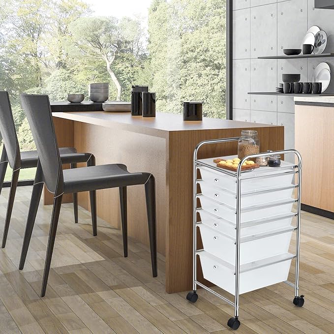 COSTWAY 6-Drawer Rolling Storage Cart, Art Craft Tools Organizer on Wheels | Multifunctional Heavy Duty Utility Mobile Storage Trolley w/ 2 Lockable Wheels for Home Office School (Clear) - Image 8
