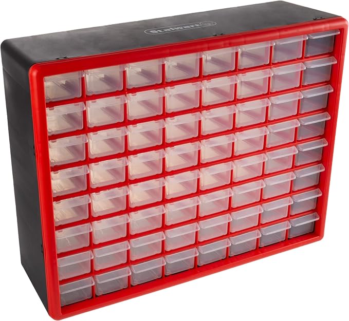64-Drawer Storage Organizer - Plastic Drawers for Organization - Desktop or Wall-Mounted Container for Hardware, Tools, and Beads by Stalwart (Red) by Stalwart