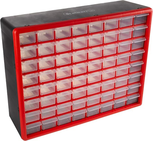 64-Drawer Storage Organizer - Plastic Drawers for Organization - Desktop or Wall-Mounted Container for Hardware, Tools, and Beads by Stalwart (Red) by Stalwart