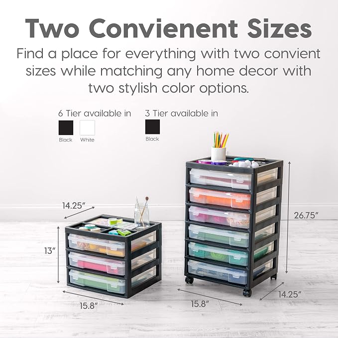 IRIS USA Rolling Cart with Drawers |Made in USA| 6-Tier Cases - Black/Clear | Fits 12"x12" Paper, Built-In Handles, Storage Unit with Supply Top for Craft, Art, Office Supplies, Pens & Pencils - Image 8