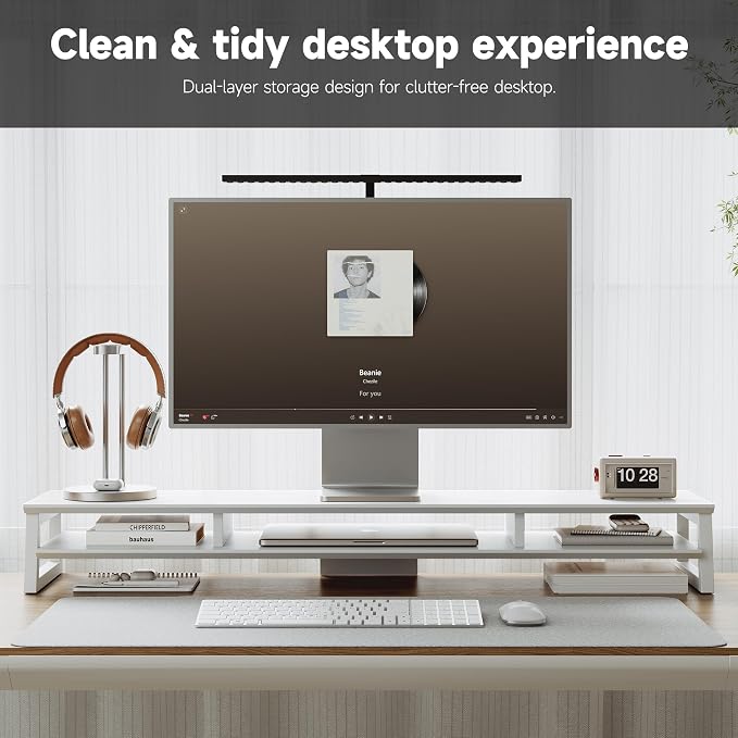 Dual Monitor Stand Riser for Desk, 41.7 Inch Large 2 Tier Computer Monitor Stand for 2 Monitors, Desktop Storage Organizer Shelf with Keyboard Space for Laptop PC Printer White - Image 3