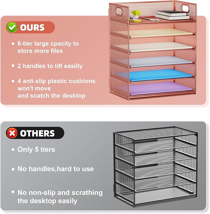 Marbrasse 2 Pack Desk Organizer with Handle, 6 Tier Paper Letter Tray, Mesh Desk File Organizer for Office, School and Home - Rose Gold - Image 2