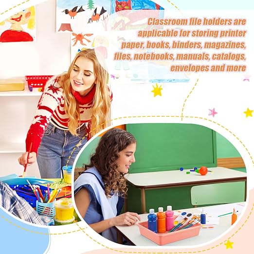 Affrolling 12 Pack Letter Size Flat Storage Tray, Stackable Plastic Organizer Bins for Classroom, Turn in Paper Tray Art Supply Baskets for Home School Office Teacher Desk Organization (Light Colors) - Image 6