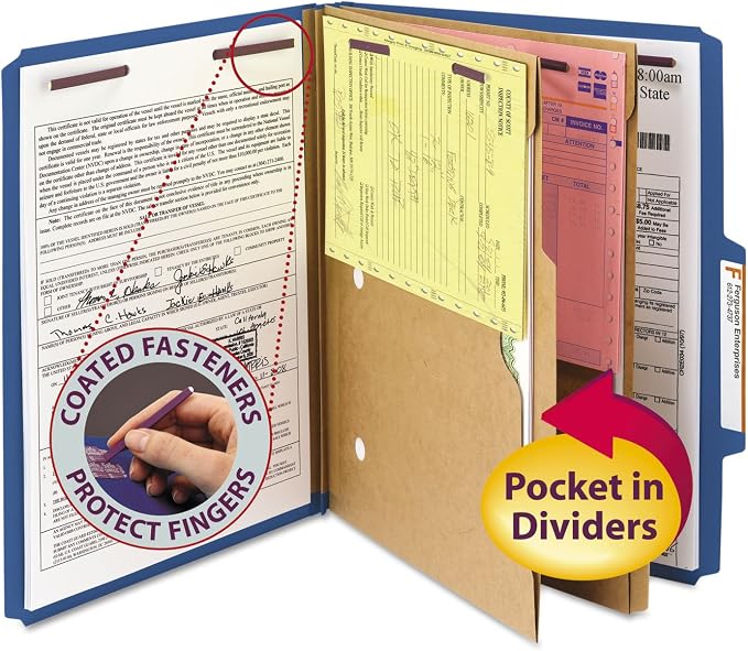 Smead Pressboard Classification Folder with Pocket-Style Divider and SafeSHIELD Fasteners, 2 Dividers, 2" Expansion, Letter Size, Dark Blue, 10 per Box (14077) by SMEAD