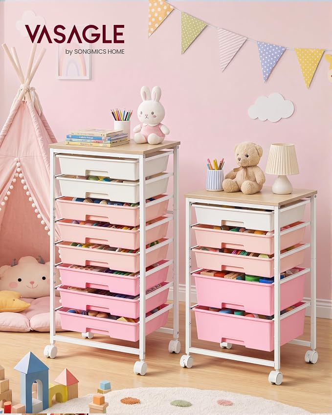 VASAGLE 5-Drawer Rolling Storage Cart, Mobile Organizer Trolley with Wood Top and Metal Frame, for Craft Room, Office, 15.6 x 11.2 x 24.8 inch, Pink, BENCO Collection ULRC005S101 - Image 2