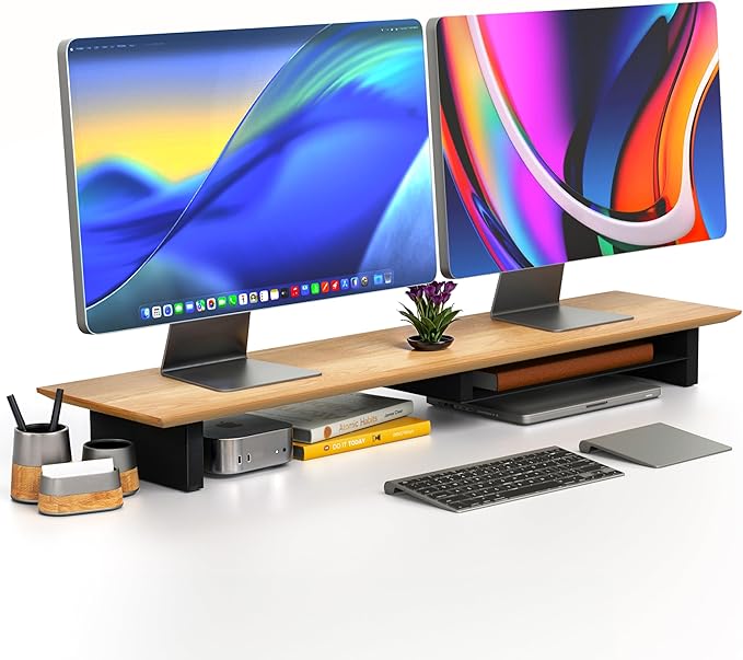 COREMINDED Solid Wood Dual Monitor Stand Riser, 42 Inch Oak Desk Shelf | Fits 2 Monitors, Sturdy & Stable Solid Wood, Under Monitor Keyboard Storage, Office Desktop Organizer, Easy Assembly, Oak by COREMINDED