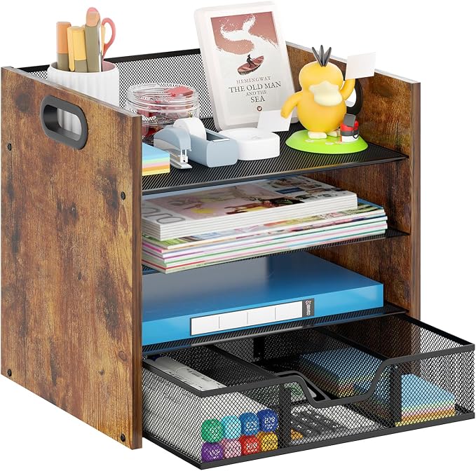 Desk Organizer - 4 Tier Desktop File Organizer with Drawer, Wooden Paper Tray Organizer, Office Desk Accessories Organizer for Papers, Mail, Notebooks, Stationery by BOERSHUN