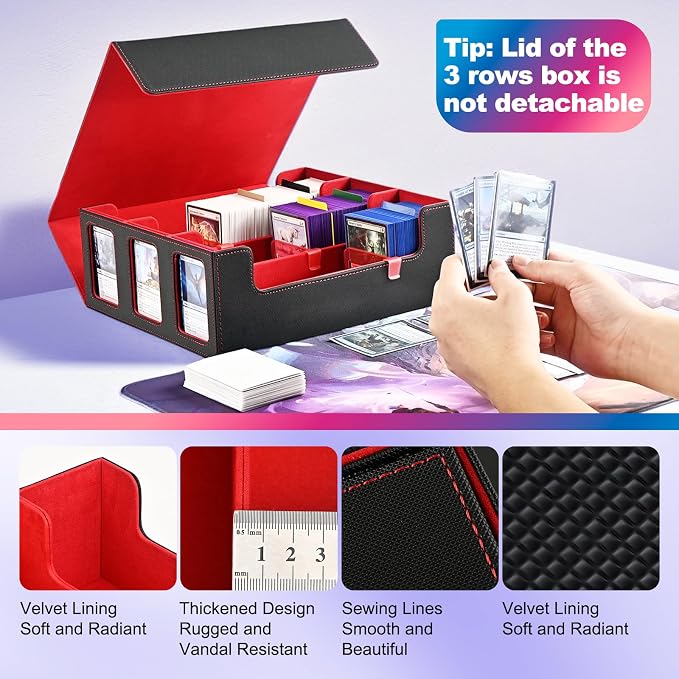 UAONO 3-Row Trading Card Storage Box with Commander Display, Black Red | 1800+ Commander Deck Box for MTG, Bulk Card Case Fits Magic TCG PTCG Sports Cards, 10 Dividers & 3 Stoppers - Image 5