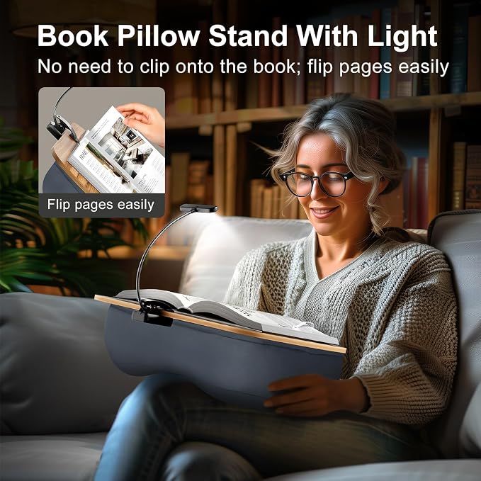 Reading Book Pillow Stand with 3-Color Adjustable Light | Hands-Free Book Holder for Bed or Lap, Wooden Surface, AAA Batteries Required - Image 2