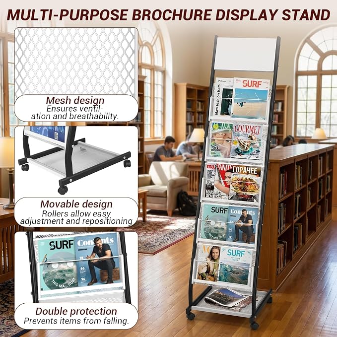 Floor Standing Magazine Holder with 5 Pockets, Journals, Brochure & Literature Display Holder for Trade Shows, Exhibitions, Office, and Shopping Malls, Black - Image 4