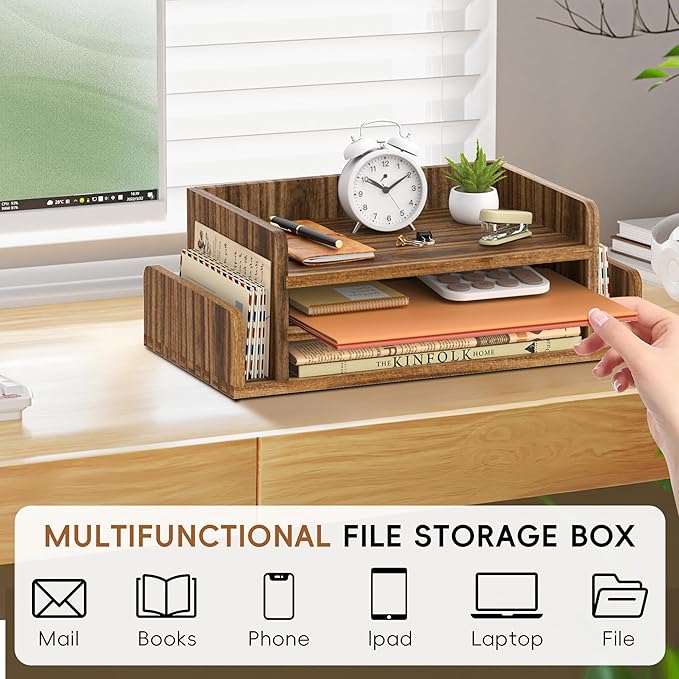 Wooden Desk Organizer, 3-Tier Paper Trays with 2 Mail Sorters, Dark Brown | Fully assembled with open shelves and side slots for sorting files, folder, letter, bill, magazine, notebook - Image 5