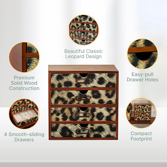 Classic Leopard Print Wooden Desk Organizer - 4-Drawer Desktop Storage - Rustic Wood Cabinet for Office Supplies, Craft Tools, & Home Organization - Luxurious Drawer Unit - Image 4