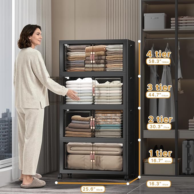 Stackable Storage Bins, 896QT Collapsible Drawers with 2 Lids | Large Capacity, Magnetic Door, Stack Lock, Rolling Wheels, Foldable Design, Organizers and Storage for Bedroom Dorm Garage - Image 2