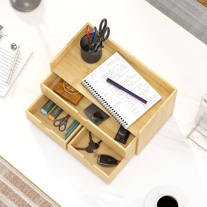 Bamboo Desk Organizer with Drawers, Desktop Storage Box for Office Supplies | 3 Drawers Desktop organizer, No Assembly Required, Natural Wood Wooden Desktop Drawers for Bills, Cosmetics, Seals, Paper - Image 2