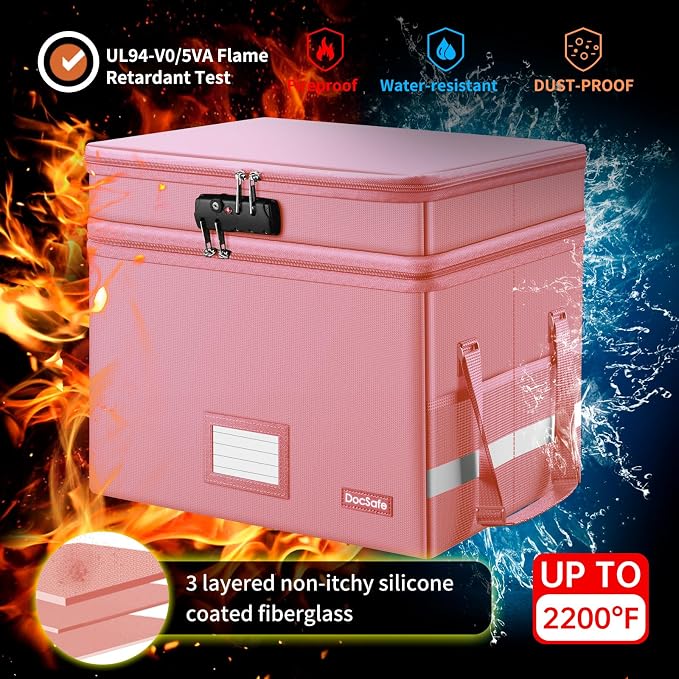 DocSafe File Box with Lock,Multi-Layer Fireproof Document Box Collapsible File Storage Organizer with Pockets/Handle,Large Portable Home Office Filing Safe for Hanging Letter/Legal Size Folders,Pink - Image 4