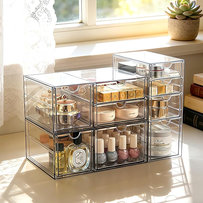 Prsildan Acrylic Drawer Makeup Organizer with 9 Drawers, Set of 3 Office Desk Organizers Accessories, Clear Stackable Storage Drawers for Vanity, Countertop, Craft, Jewelry, Art Supply Organization - Image 2