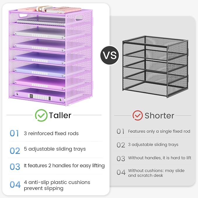 Lavatino 2 Pack 8-Tier Office Desk File Organizer, Letter Tray Paper Organizer with Handle, Including 5 Adjustable Slide Trays for Organizing Desk Workspace Accessories and Supplies (Purple Mesh) - Image 3