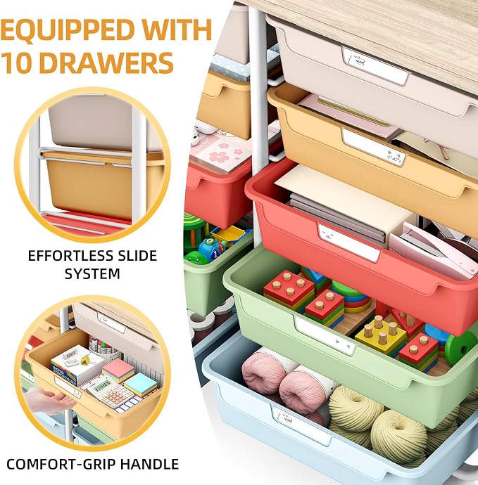 10 Drawer Rolling Storage Cart with Wood Top for Classroom Crafts Colorful | Easy Setup, Large Capacity, Sturdy Build, Lockable Mobility, For office, classroom and home supplies - Image 4