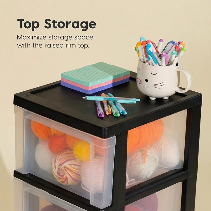 IRIS USA 3-Drawer Slim Narrow Storage Organizer Rolling Cart, Black/Clear | Organize crafts, school supplies, accessories, and household items with slim storage and easy-access drawers - Image 5