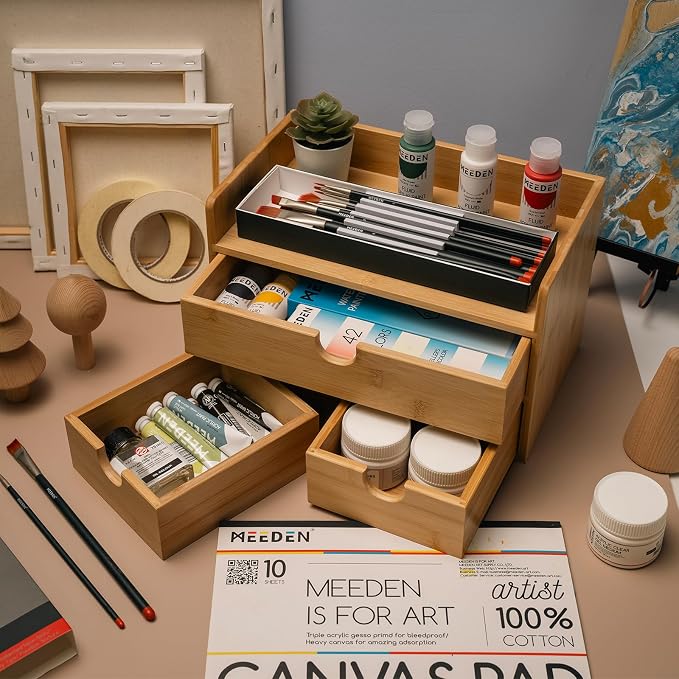 MEEDEN Bamboo Desk Organizer with Drawers: Desktop Storage Container with Shelf - Tabletop Storage Organization Box for Office Home Toiletries Supplies - Image 2