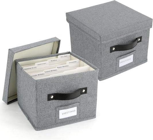 Greeting Card Organizer with dividers - Storage Box with lid Holds 150+ Cards - Assortment Box for Greeting Cards,Recipes, Photos, Envelopes, Keepsake - 9 x 9 x 7 Inches (Gray, 2 pcs) by TARSUKA