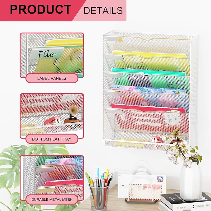 Hanging Wall File Organizer 6 Tier Wall Mounted File Holder Document Wall Organizer Magazine Organization for Office Home, Silver - Image 4